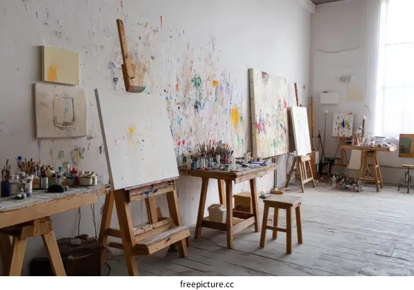 Art Studio Interior with Artwork and Supplies