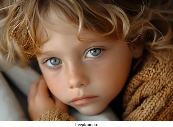 Portrait of a young boy with blond hair and blue eyes