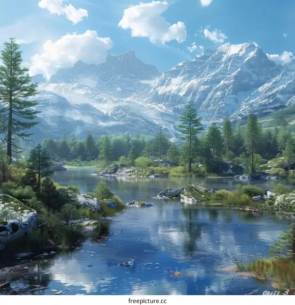 Mountains, Lake and Sky