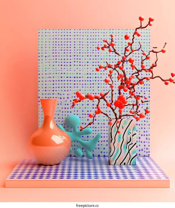 Red Berries in a Striped Vase with a Pink Background