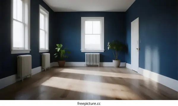 A spacious room with dark blue walls and wooden floors
