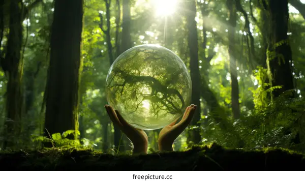 A Photograph of a Hand Holding a Crystal Ball with a Forest Scene Inside