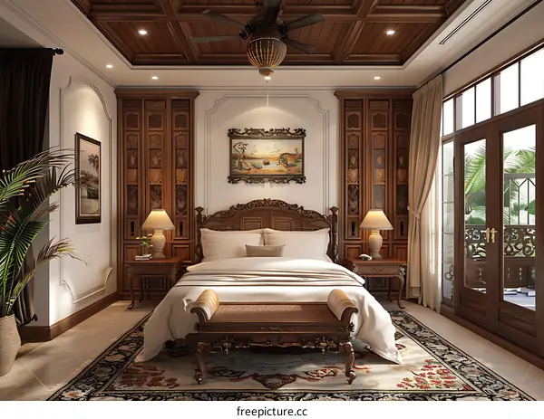 Wooden carved bed frame with leather headboard design