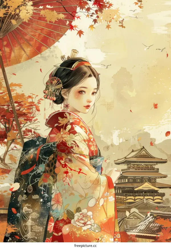 A beautiful Japanese woman in a kimono standing in front of a castle.