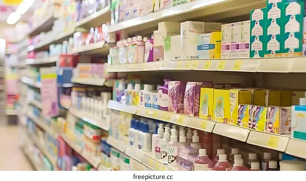 Colorful Bottles and Boxes on Shelves in a Store