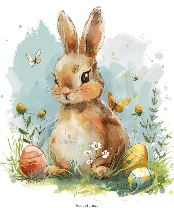 Adorable Bunny Rabbit with Painted Easter Eggs