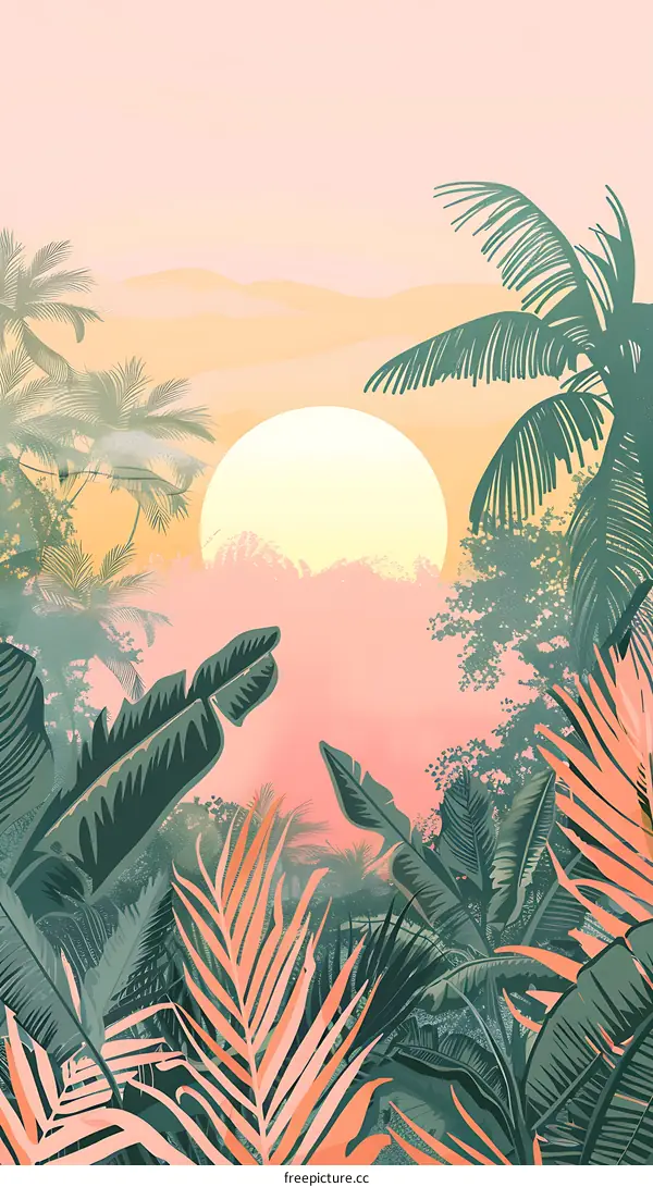 Tropical Sunset Illustration with Palm Trees and Banana Leaves