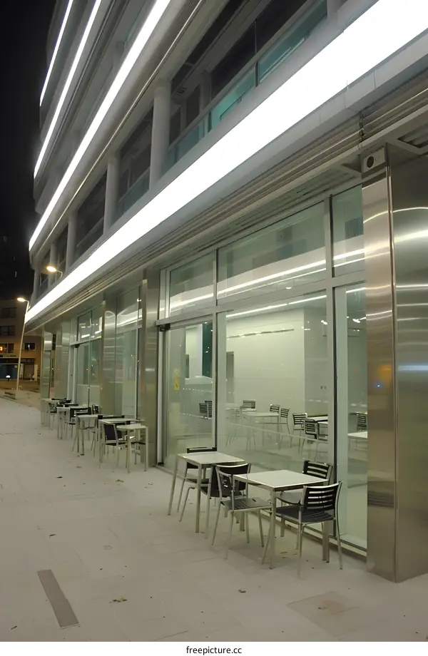 Modern Building with Glass Facade and Street Furniture at Night