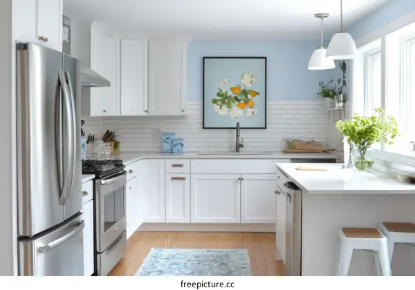Bright and airy white kitchen design with light blue accent wall