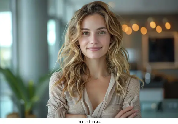 Portrait of a young woman with long brown hair smiling at the camera