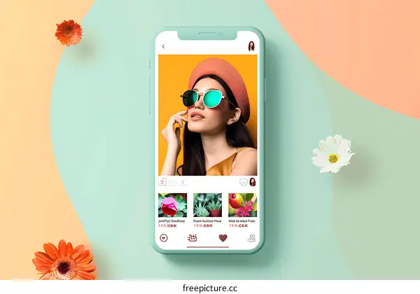 Woman in Green Sunglasses on Phone Screen with Flowers