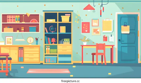 Cute Colorful Cartoon Home Office Workspace Illustration