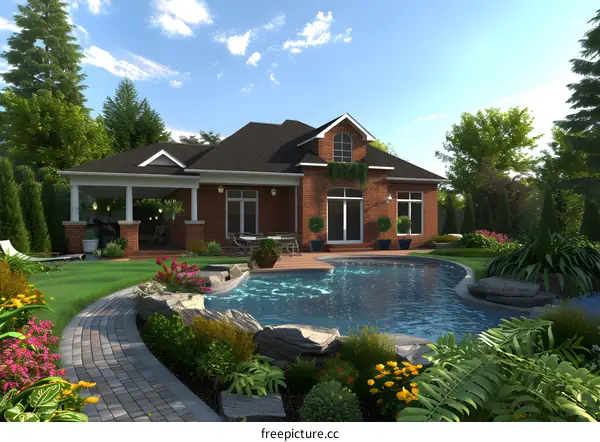 A beautiful backyard with a pool and a patio