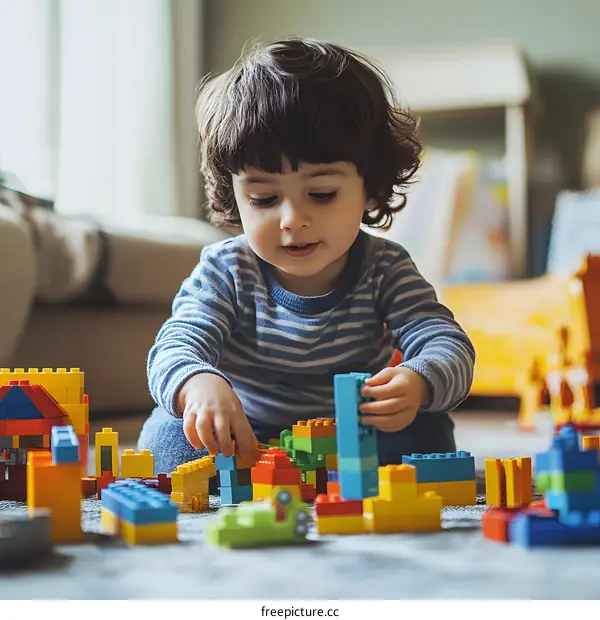 Little Boy Playing With Colorful Blocks Indoors