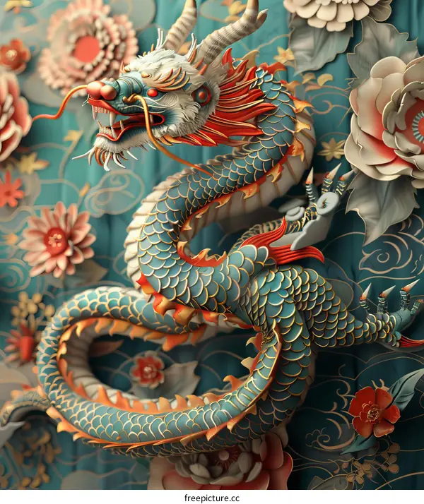 Chinese Dragon with Flowers and Clouds