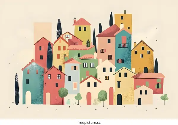 Colorful Illustration of a Small Town