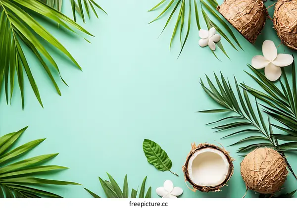 Tropical Summer Background with Palm Leaves and Coconuts