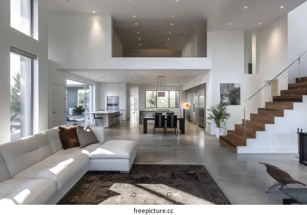 An open floor plan house with a white interior and wood staircase