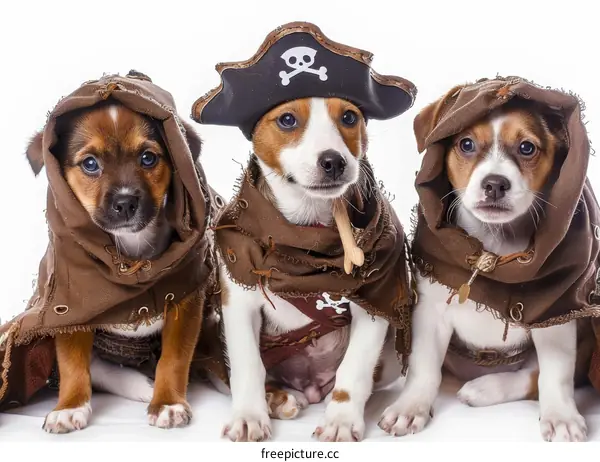 Three Puppies Wearing Pirate Costumes