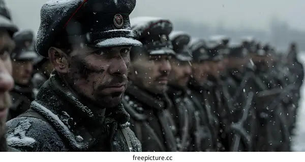 A soldier staring at the camera with a serious look on his face