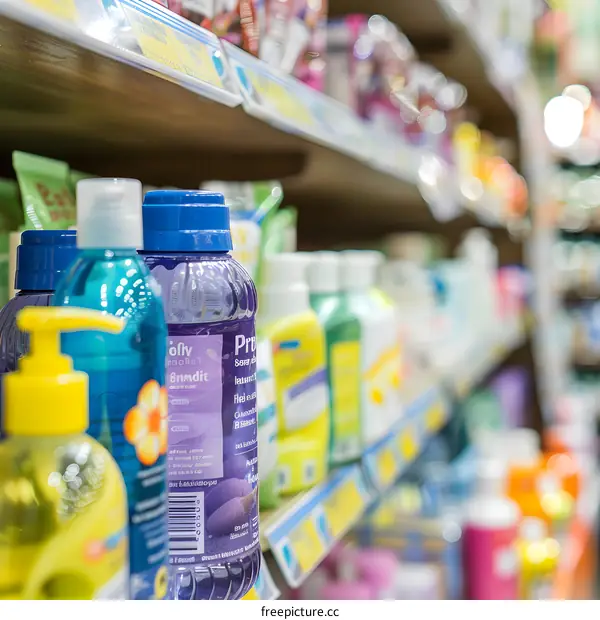 Colorful Bottles of Cleaning Products on Store Shelf