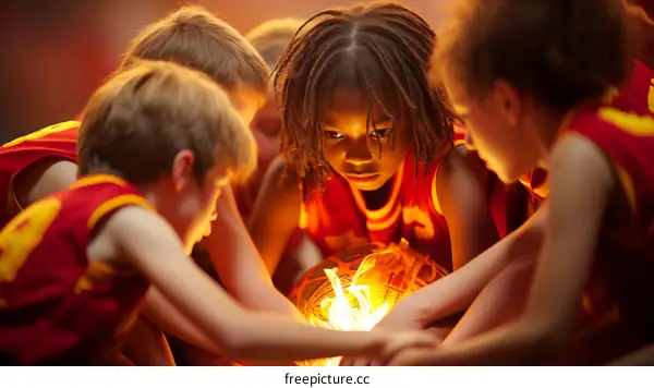 Young Diverse Basketball Players Huddle with Glowing Ball