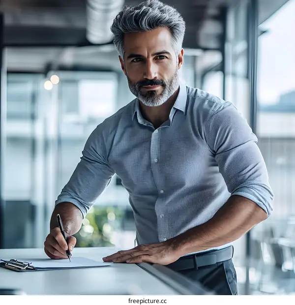 Confident Businessman Signing a Document in an Office Setting