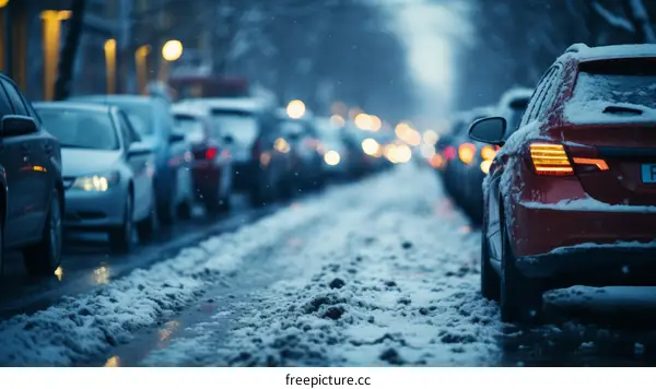 Snowy road with cars parked on either side