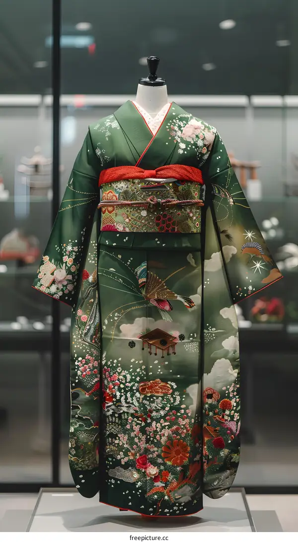 A kimono with a floral pattern and a phoenix bird