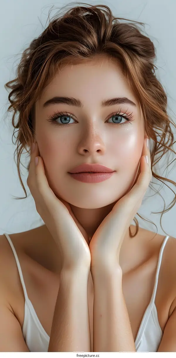Portrait of a beautiful young woman with blue eyes and freckles