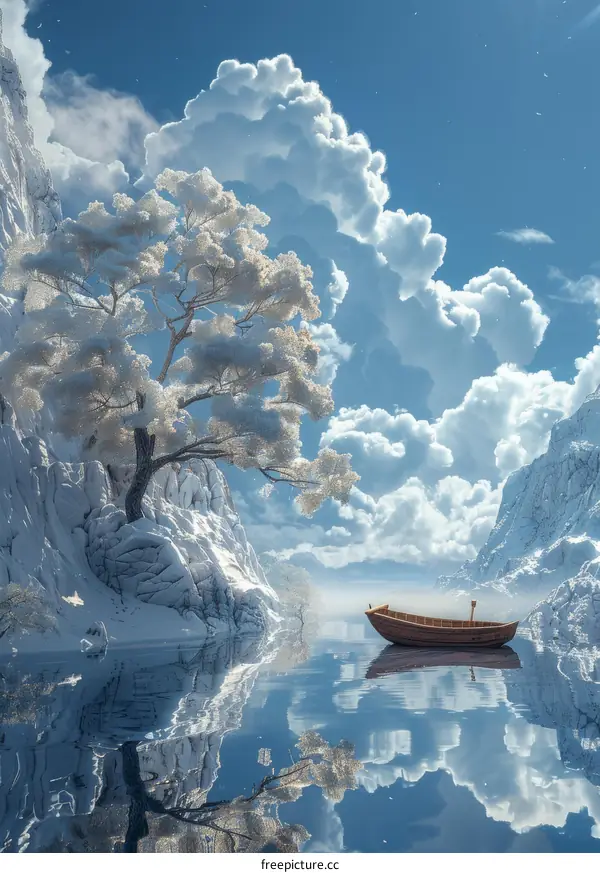 Snowy Landscape with Boat on a Still Lake