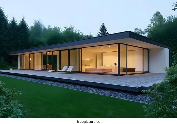 Modern House with Large Windows and Deck Surrounded by Trees