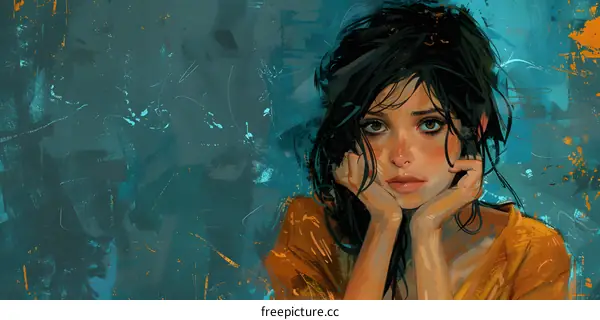 Digital Painting of Woman with Sad Eyes and Blue Background