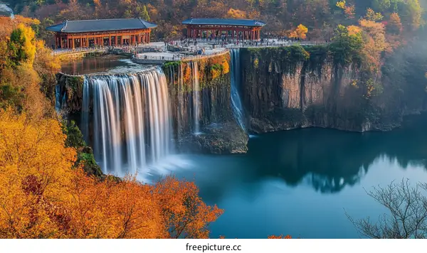 Autumn Waterfall Scenic View with Pavilion