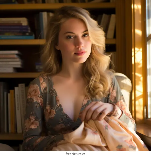 Portrait of a young woman with long blond hair wearing a floral dress sitting in a library