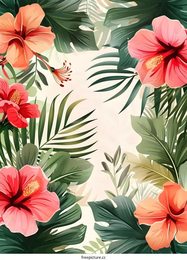 Tropical Floral Background with Hibiscus Flowers and Palm Leaves