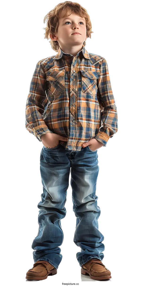 [Transparent Background PNG]Young Boy in Plaid Shirt and Jeans Standing on White Background