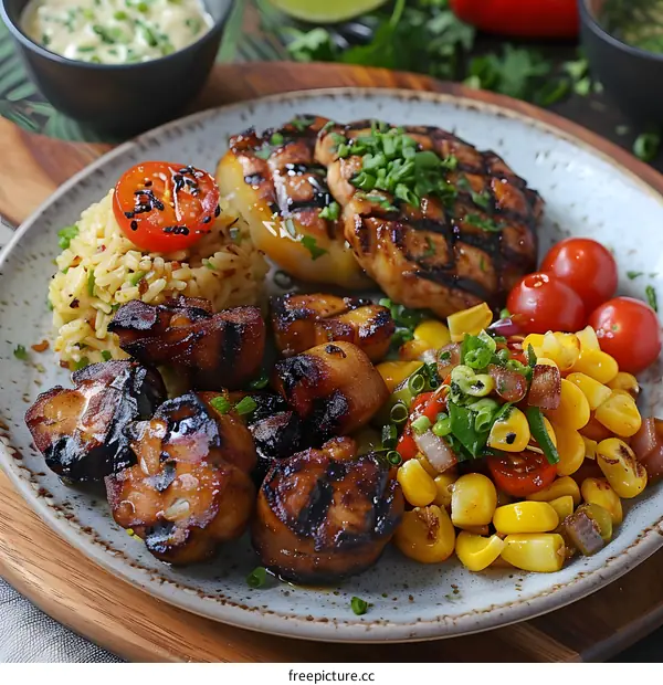 Grilled chicken breast with pineapple, corn salad and rice