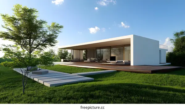 Modern White House with Large Windows and Wooden Deck