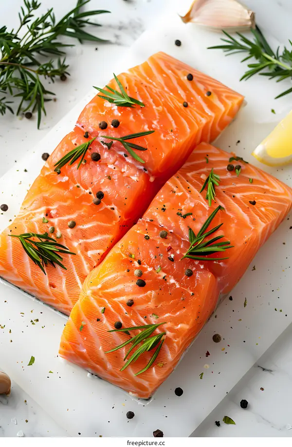 Two pieces of raw salmon fillet with rosemary, lemon and spices