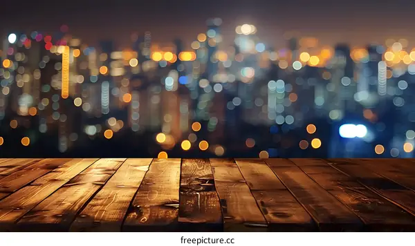 Wooden Tabletop With Bokeh City Lights Background