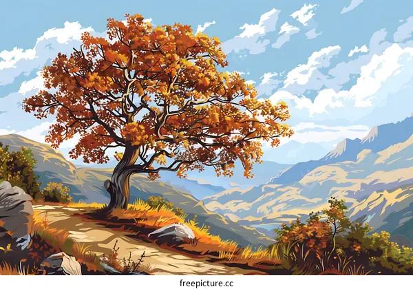 Autumn Landscape with Tree and Mountains