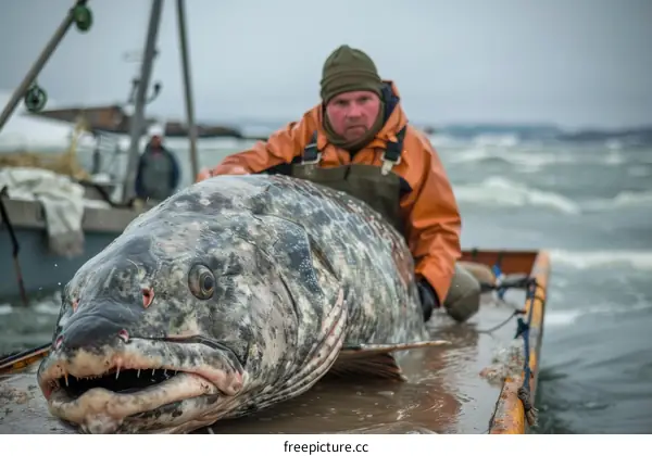 Fisherman holding a large fish he caught in the Bering Sea