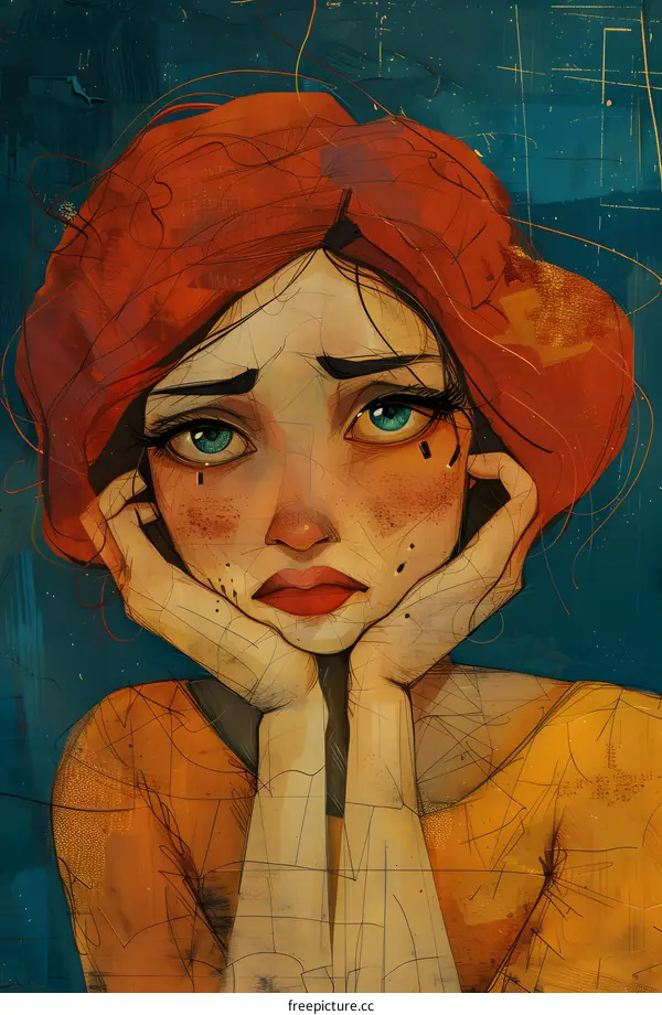 A digital painting of a woman with red hair and green eyes, wearing a red hat. She is resting her head on her hands and looking at the viewer with a sad expression.
