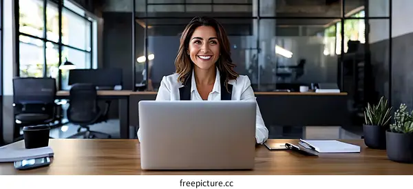Business Woman Working on Laptop in Modern Office