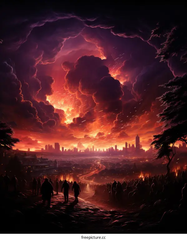 A group of people walking towards a burning city