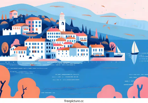 Colorful Illustration of a Seaside Town
