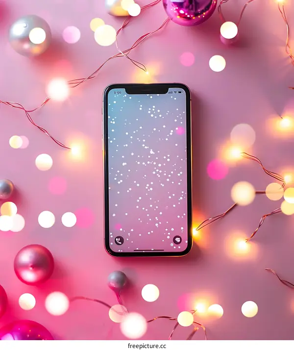 Pink Background With String Lights and Phone