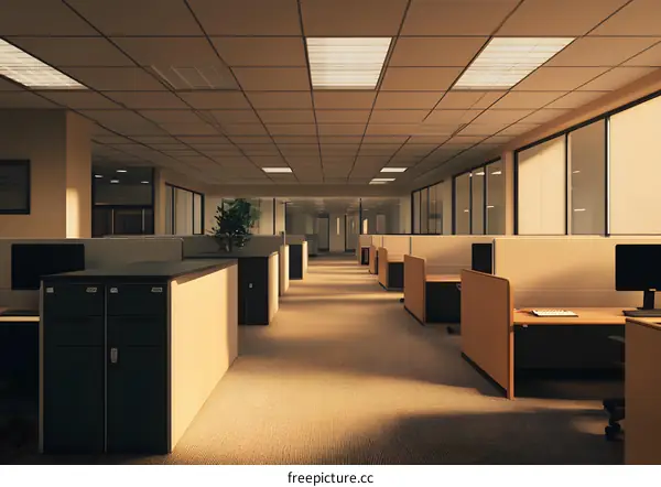 Empty Office Cubicles With Sunlight Streaming Through Windows
