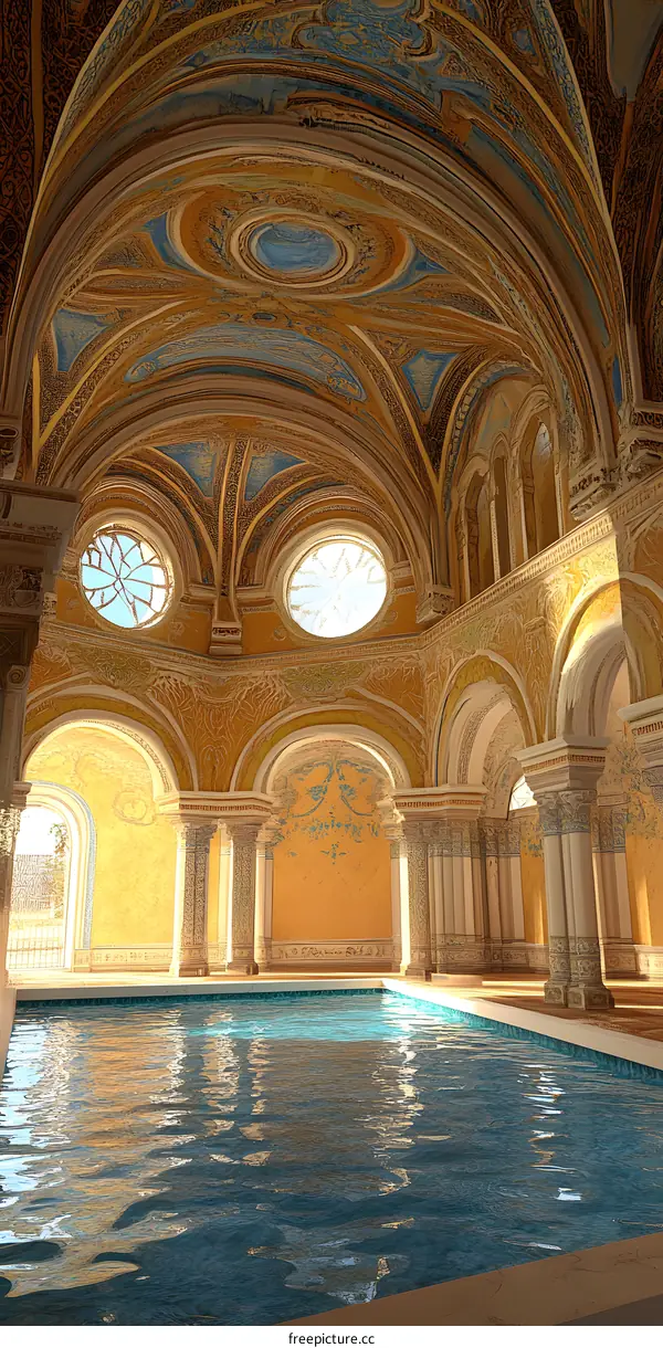 Indoor Pool with Ornate Ceiling and Arched Windows